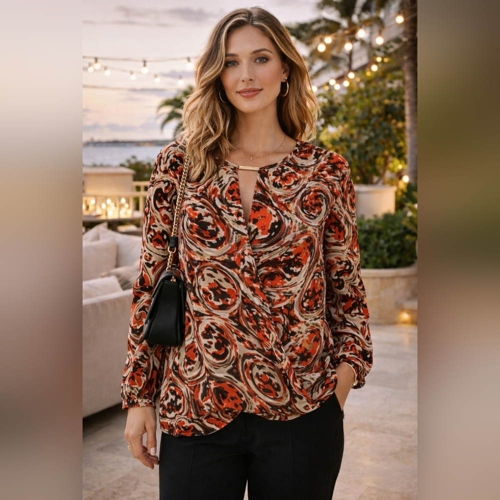Michael Kors Womenās Chiffon Blouse Size 14 Abstract Print Long Sleeve